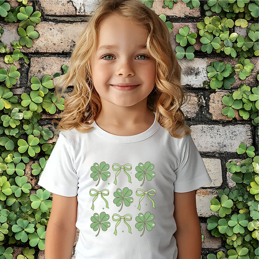 Youth St. Patrick's Day T-Shirt – Lucky Clover & Bow Design – Soft Cotton Crew Neck Tee – Irish Holiday Shirt for Girls - Mallard Moon Gift Shop