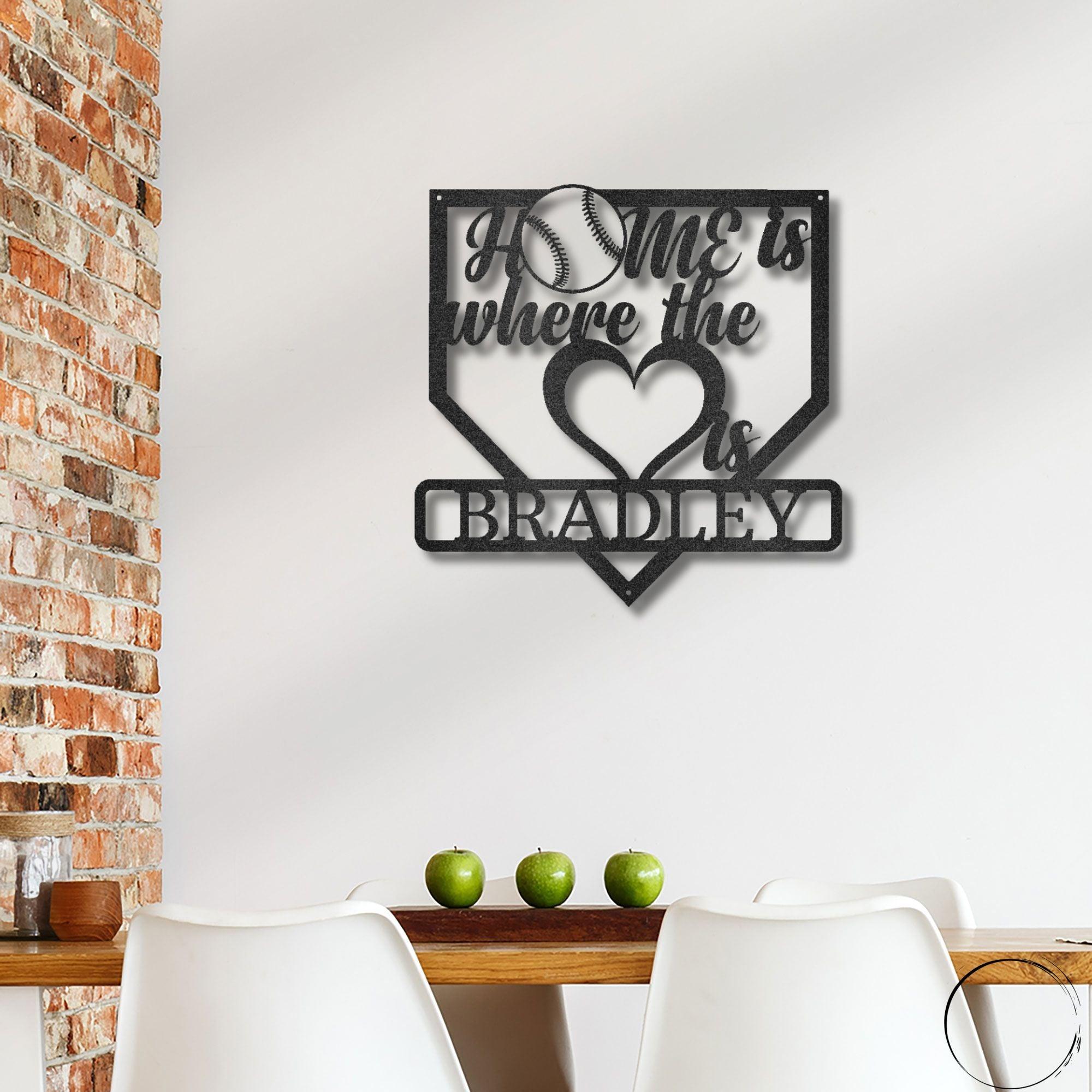 Baseball Home Is Where the Heart Is Custom Name Metal Art Wall Sign - Mallard Moon Gift Shop