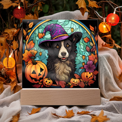 Dog Halloween Portrait Stained Glass Acrylic Plaque with LED Lighted Wooden Base - Mallard Moon