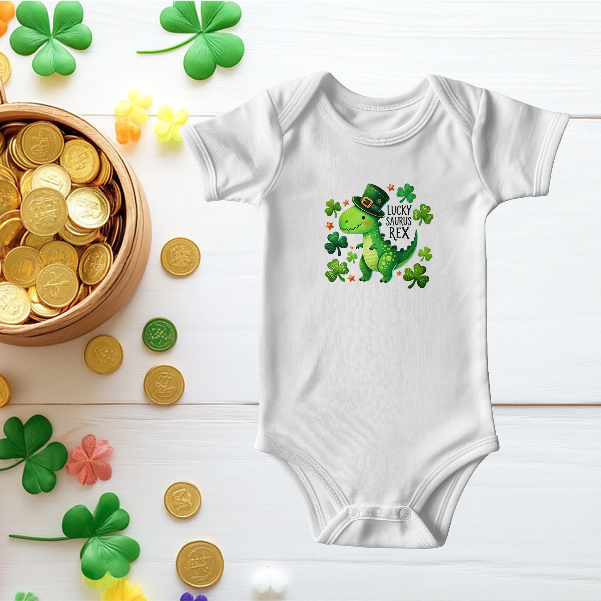 Lucky Saurus Rex St. Patrick’s Day Baby Bodysuit – Cute Dinosaur & Shamrock Onesie – Soft Cotton Infant Romper – Funny Irish Holiday Outfit & Baby Gift - Mallard Moon Gift Shop