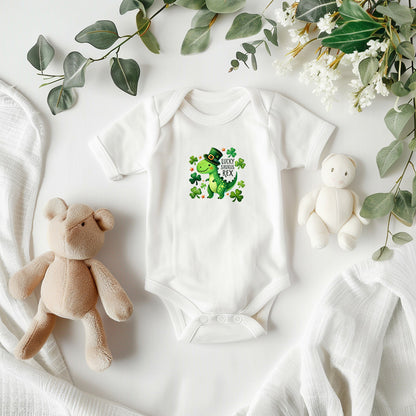 Lucky Saurus Rex St. Patrick’s Day Baby Bodysuit – Cute Dinosaur & Shamrock Onesie – Soft Cotton Infant Romper – Funny Irish Holiday Outfit & Baby Gift - Mallard Moon Gift Shop