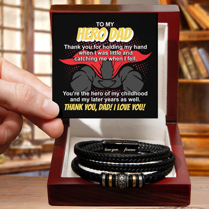 Dad Gift - To My Hero Dad Catching Me When I Fell - Braided Leather Men's Bracelet - Mallard Moon Gift Shop