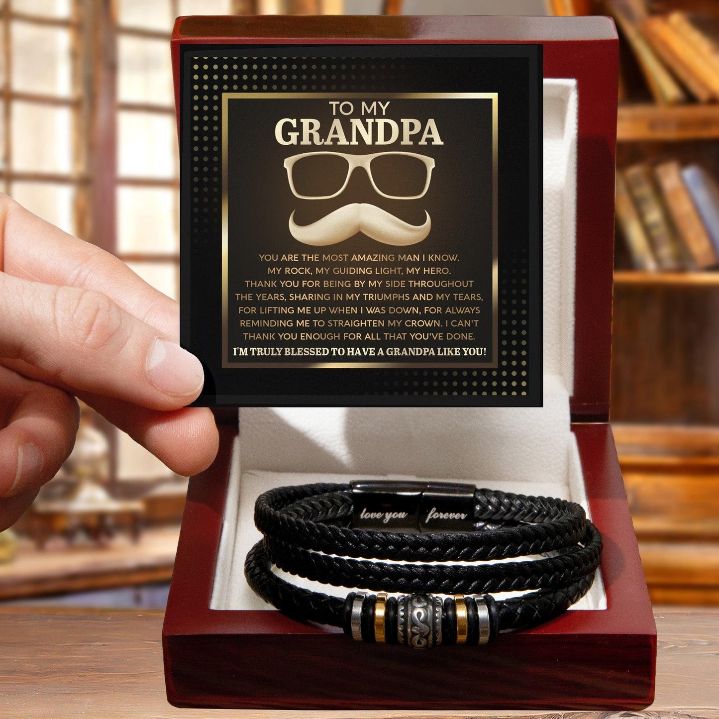 To My Grandpa - My Rock My Guiding Light My Hero Men's Leather Bracelet - Mallard Moon Gift Shop
