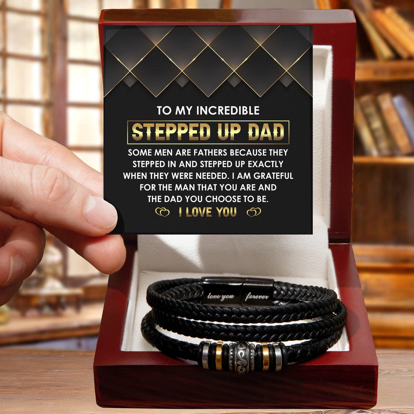 To My Incredible Stepped Up Dad - The Dad You Choose to Be Men's Leather Bracelet with Gift Box - Mallard Moon Gift Shop
