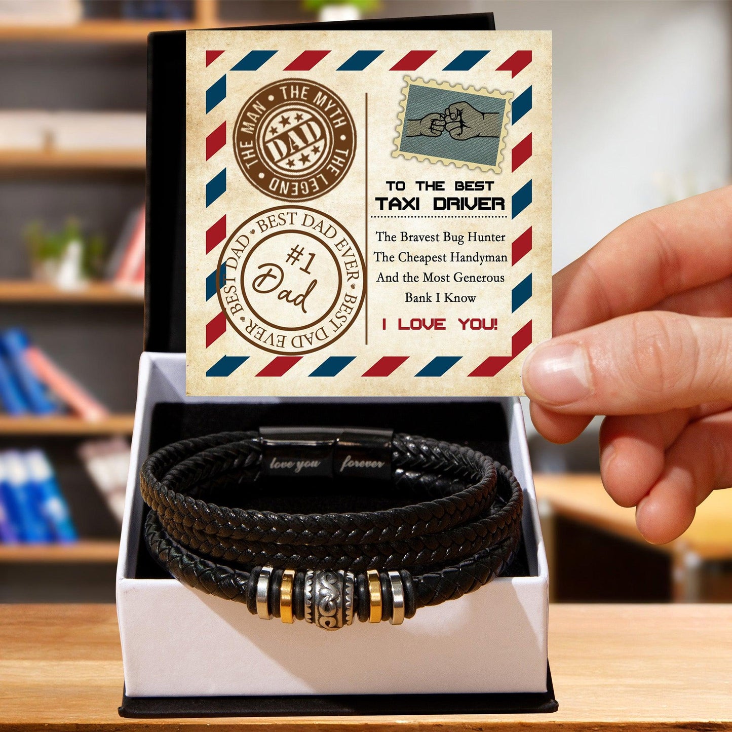 Dad Gift - Most Generous Bank - Black Braided Leather Men's Bracelet - Mallard Moon Gift Shop
