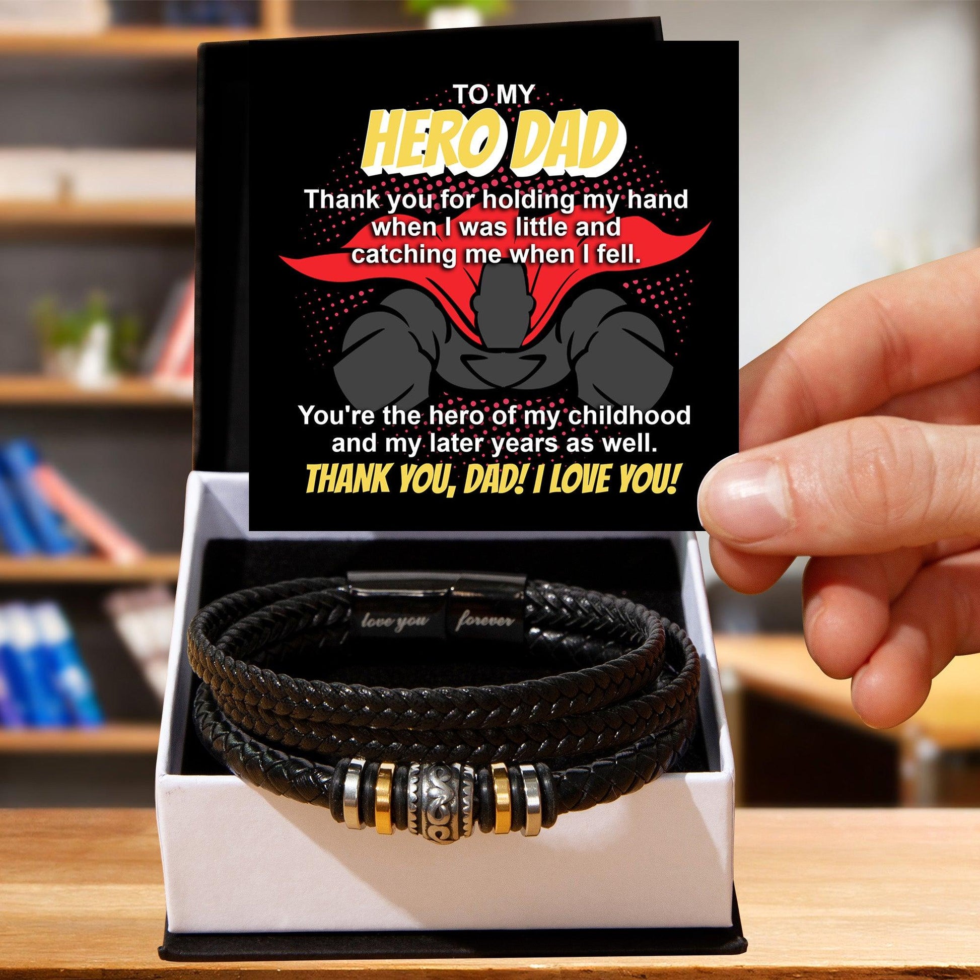 Dad Gift - To My Hero Dad Catching Me When I Fell - Braided Leather Men's Bracelet - Mallard Moon Gift Shop