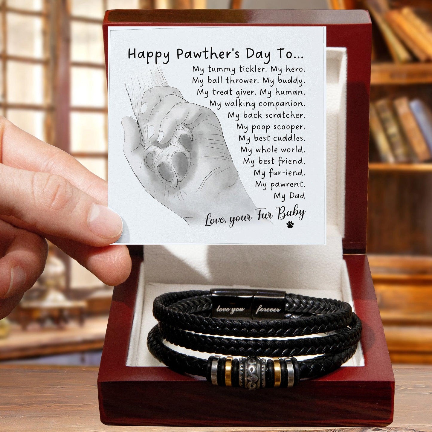 Gift for Fur Dad Happy Pawther's Day Personalized Black Braided Leather Men's Bracelet - Mallard Moon Gift Shop