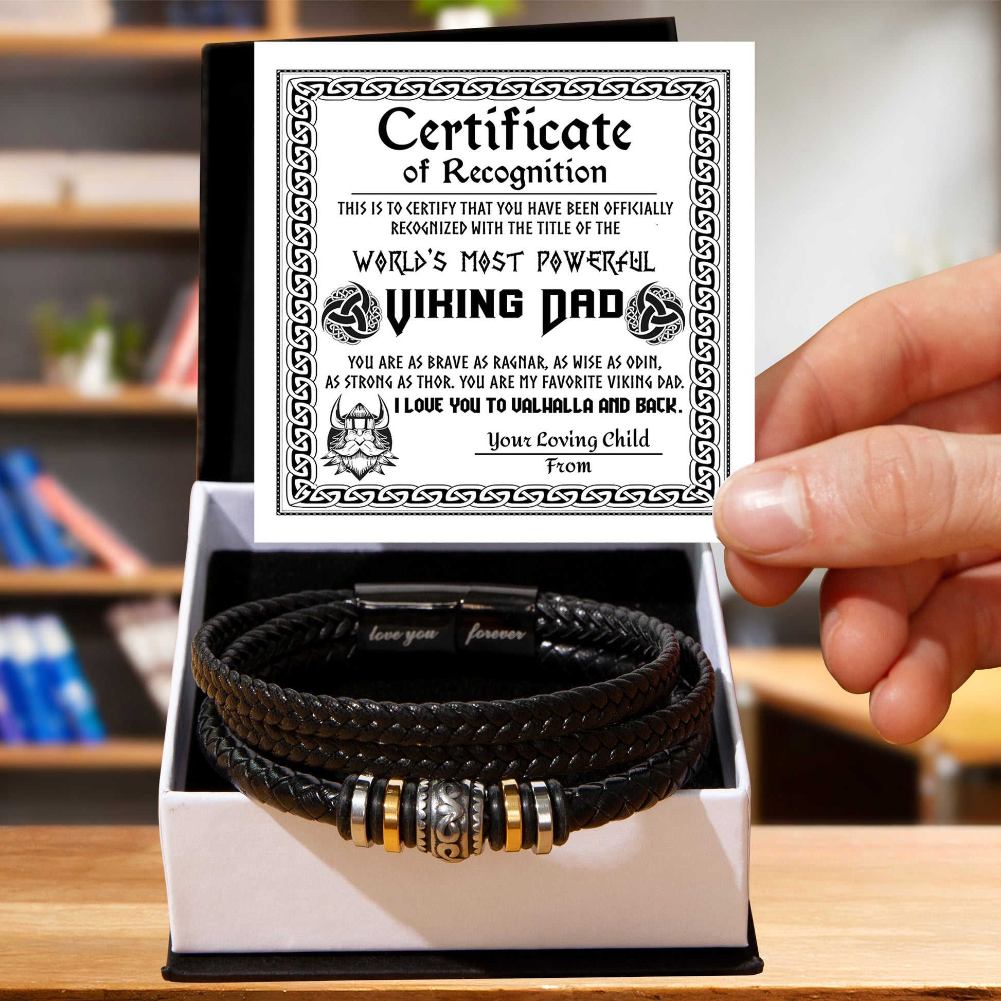 World’s Most Powerful Viking Dad Bracelet – Personalized Certificate Gift from Your Loving Child – Brave, Wise, Strong Norse Mythology Father’s Day Gift Idea – Black Braided Leather Bracelet for Dad - Mallard Moon Gift Shop