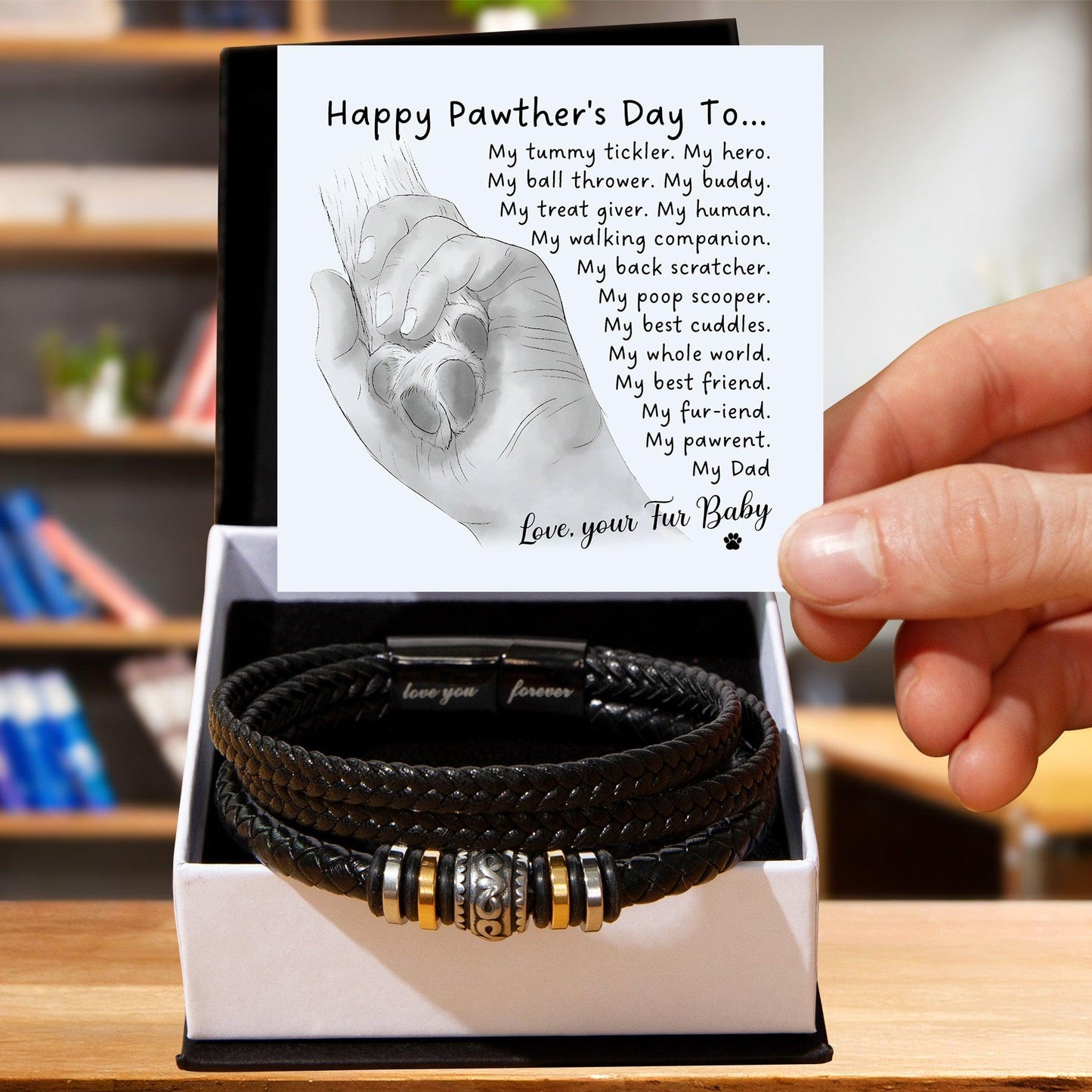 Gift for Fur Dad Happy Pawther's Day Personalized Black Braided Leather Men's Bracelet - Mallard Moon Gift Shop