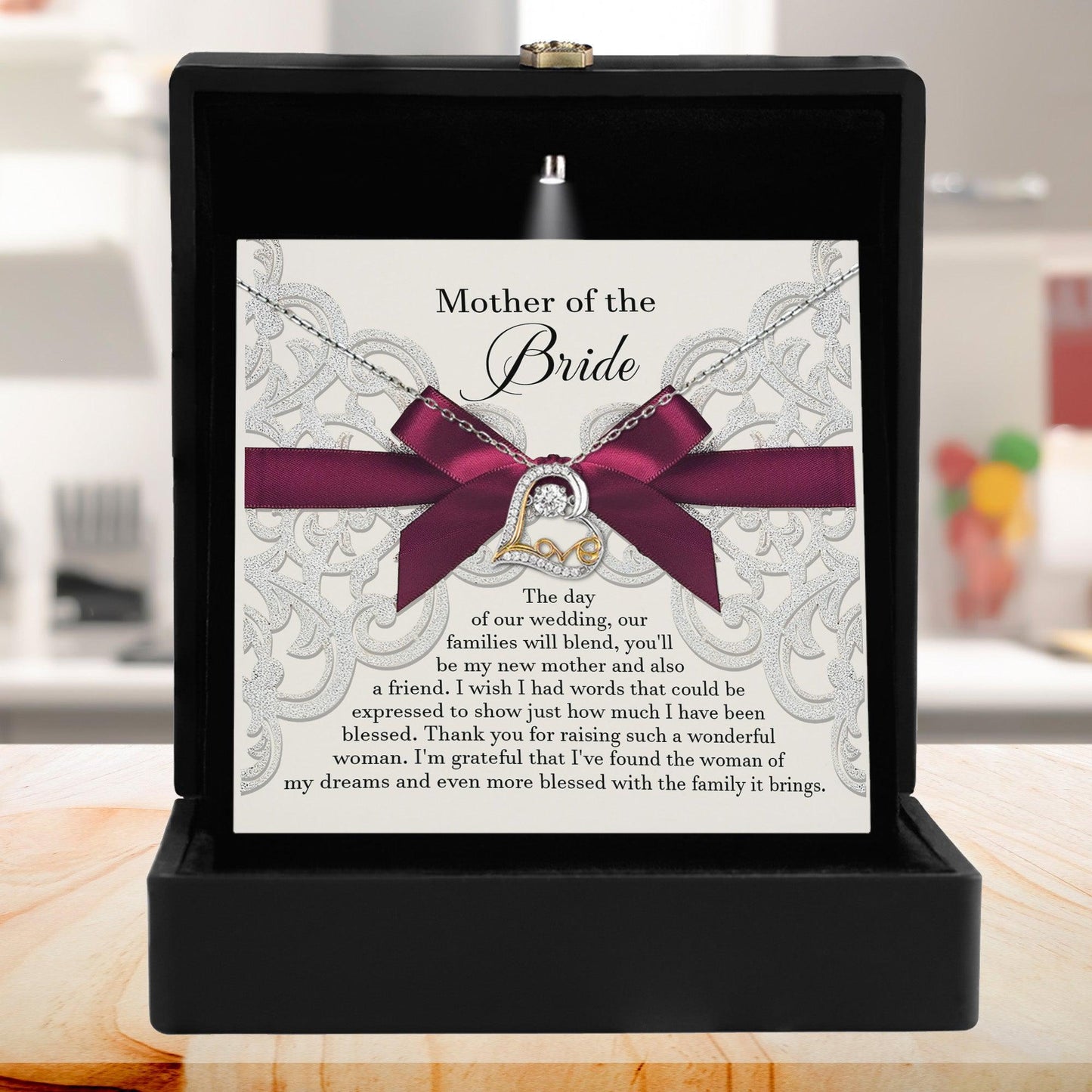 Mother of the Bride Wedding Day Gift Our Families Will Blend Love Dancing Heart Pendant Necklace - Mallard Moon Gift Shop