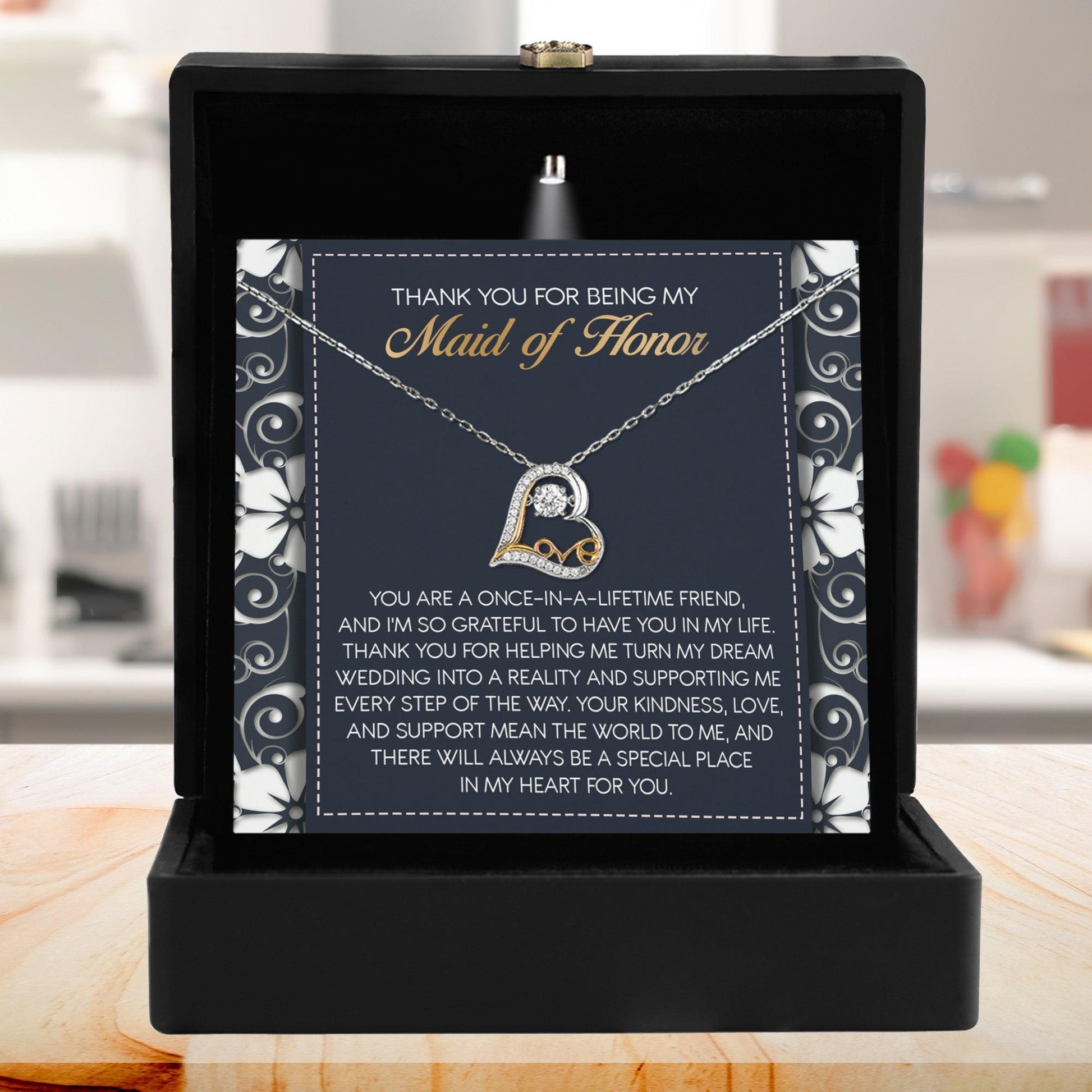 Maid of Honor Wedding Day Gift - You Mean the World To Me, Thanks - Love Dancing Heart Pendant Necklace - Mallard Moon Gift Shop