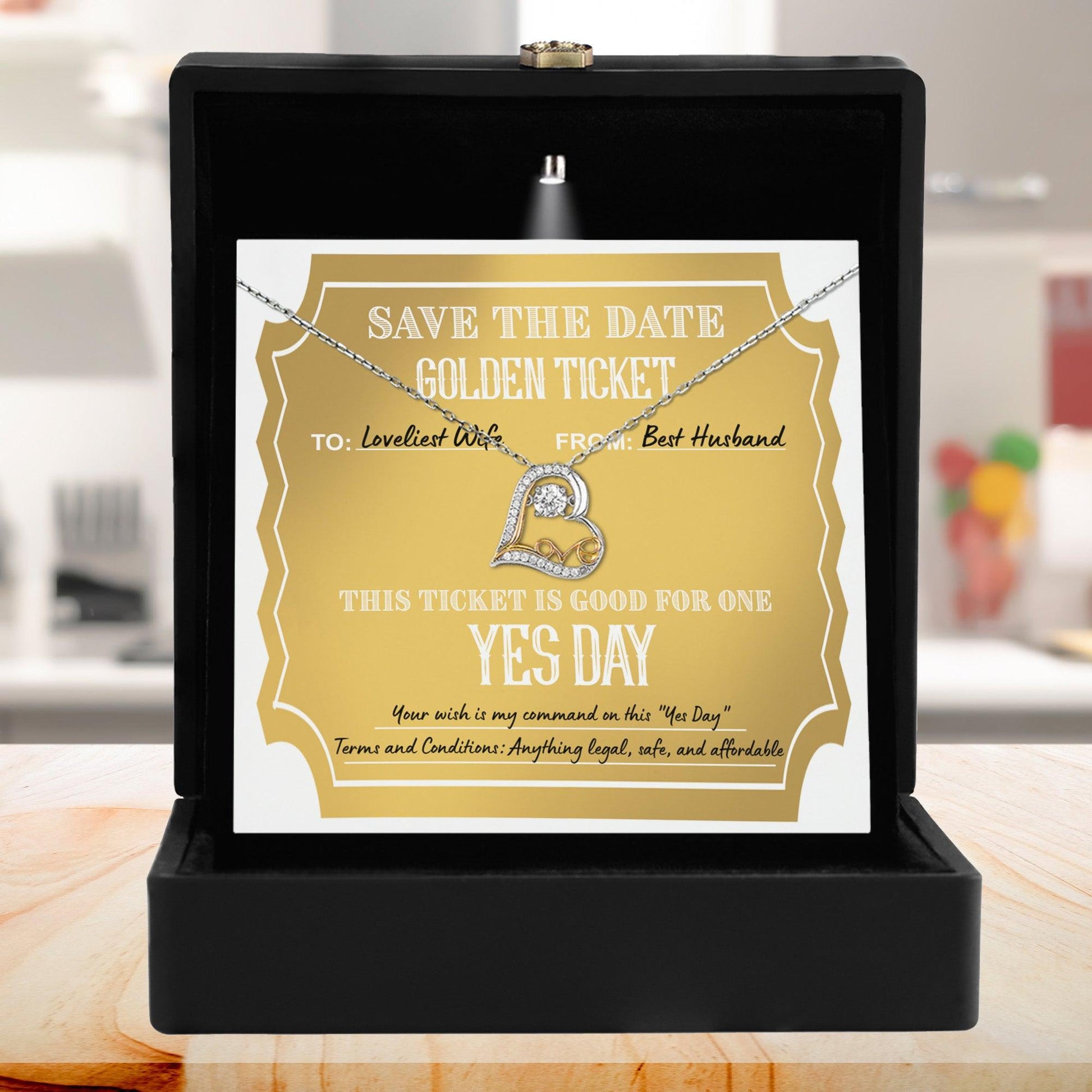 Wife Wedding Day Gift - Golden Ticket - Love Dancing Heart Pendant Necklace - Mallard Moon Gift Shop