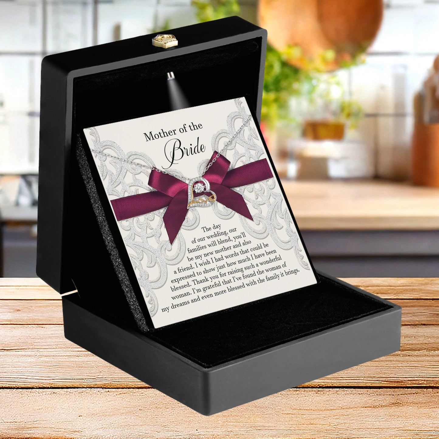 Mother of the Bride Wedding Day Gift Our Families Will Blend Love Dancing Heart Pendant Necklace - Mallard Moon Gift Shop