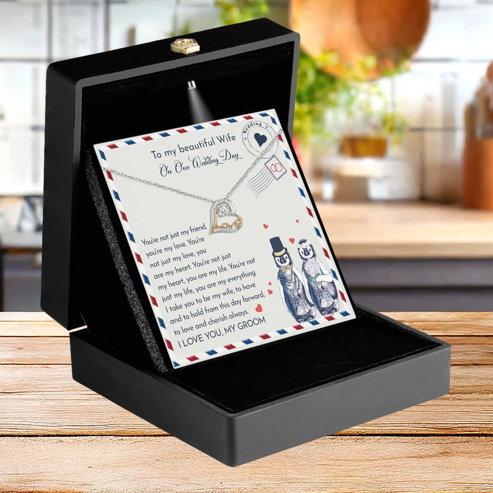 Wife Wedding Day Gift - I Will Love And Cherish Always Love Dancing Heart Pendant Necklace, Bride Jewelry, Gift from Groom - Mallard Moon Gift Shop