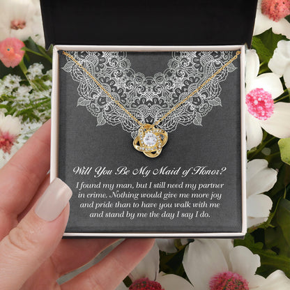 Maid of Honor Wedding Proposal Gift - Partner In Crime - Love Knot Pendant Necklace - Mallard Moon Gift Shop