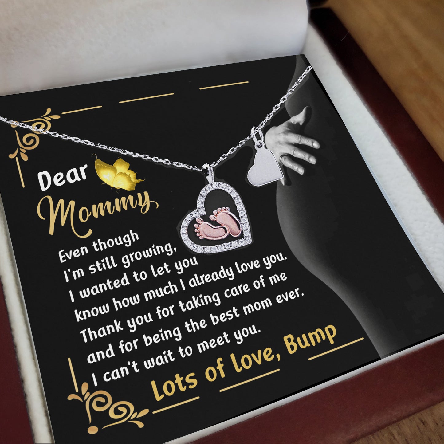 Pregnancy Gift Silver Baby Feet Pendant Necklace Dear Mommy, Lots Of Love, Bump - Mallard Moon Gift Shop
