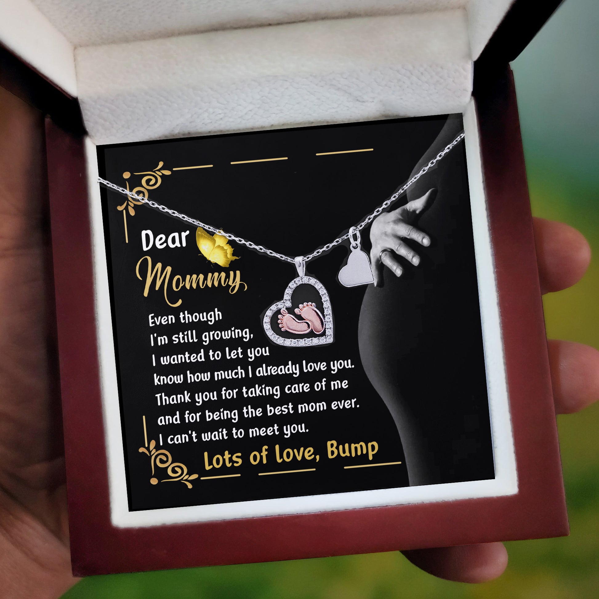 Pregnancy Gift Silver Baby Feet Pendant Necklace Dear Mommy, Lots Of Love, Bump - Mallard Moon Gift Shop