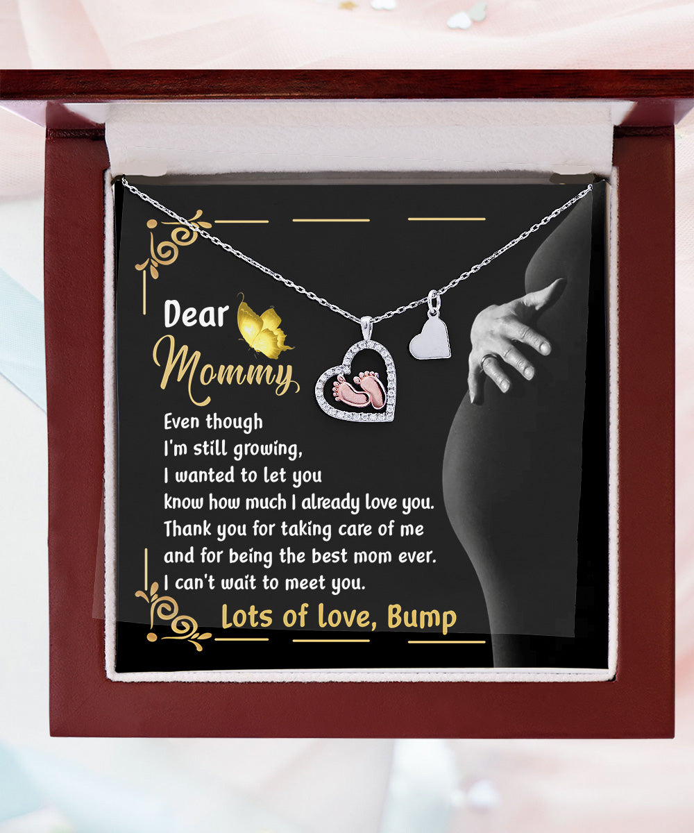 Pregnancy Gift Silver Baby Feet Pendant Necklace Dear Mommy, Lots Of Love, Bump - Mallard Moon Gift Shop