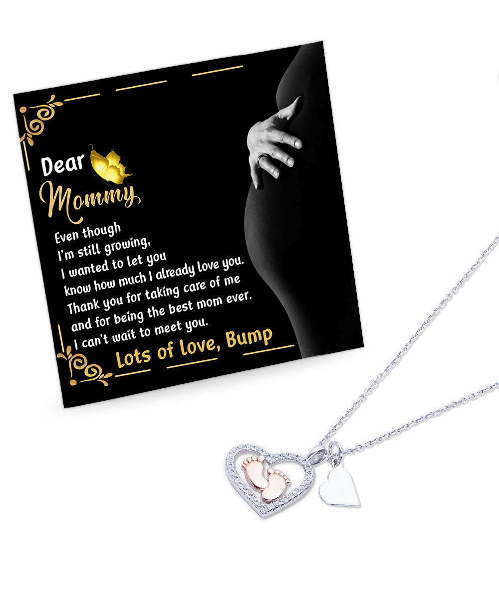 Pregnancy Gift Silver Baby Feet Pendant Necklace Dear Mommy, Lots Of Love, Bump - Mallard Moon Gift Shop