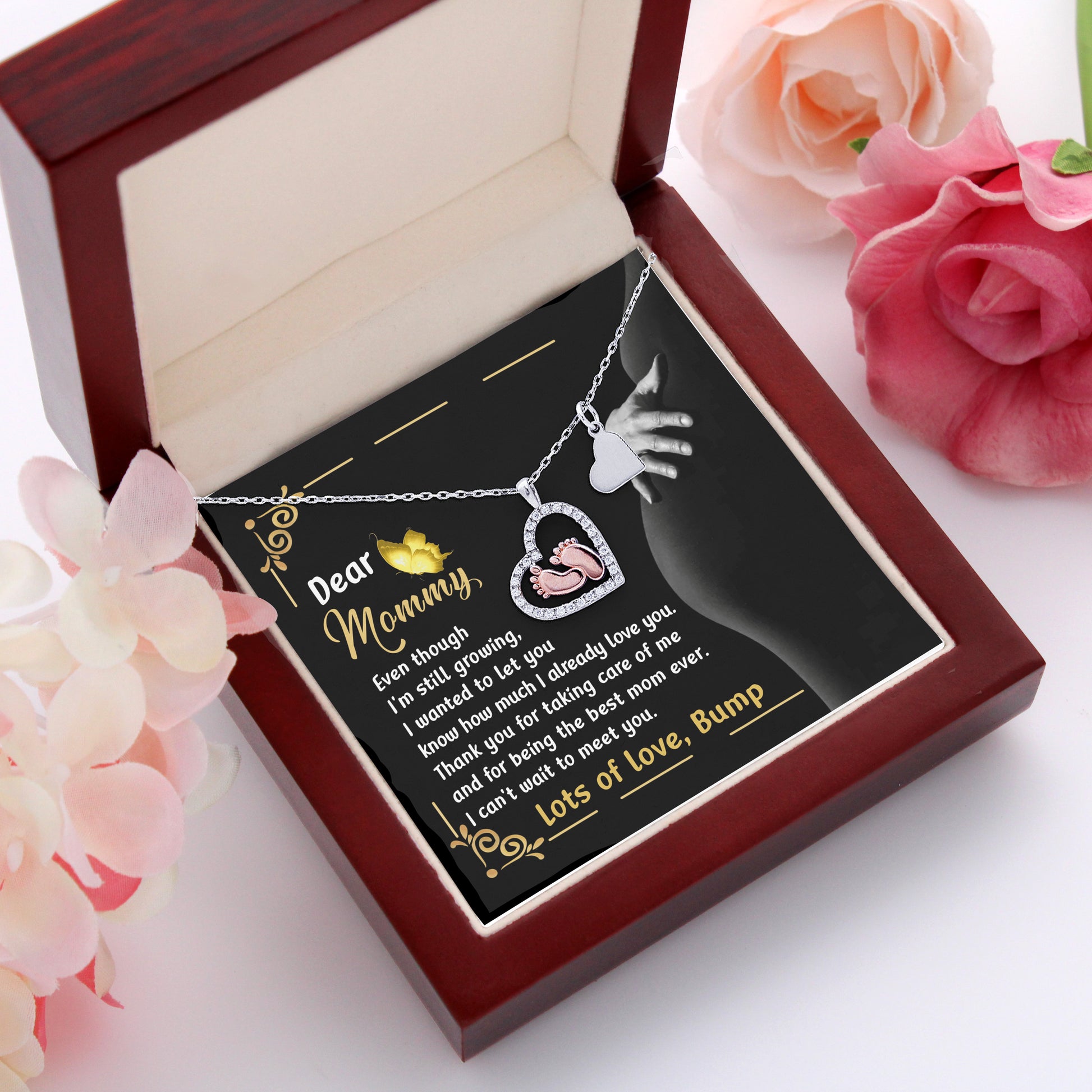 Pregnancy Gift Silver Baby Feet Pendant Necklace Dear Mommy, Lots Of Love, Bump - Mallard Moon Gift Shop