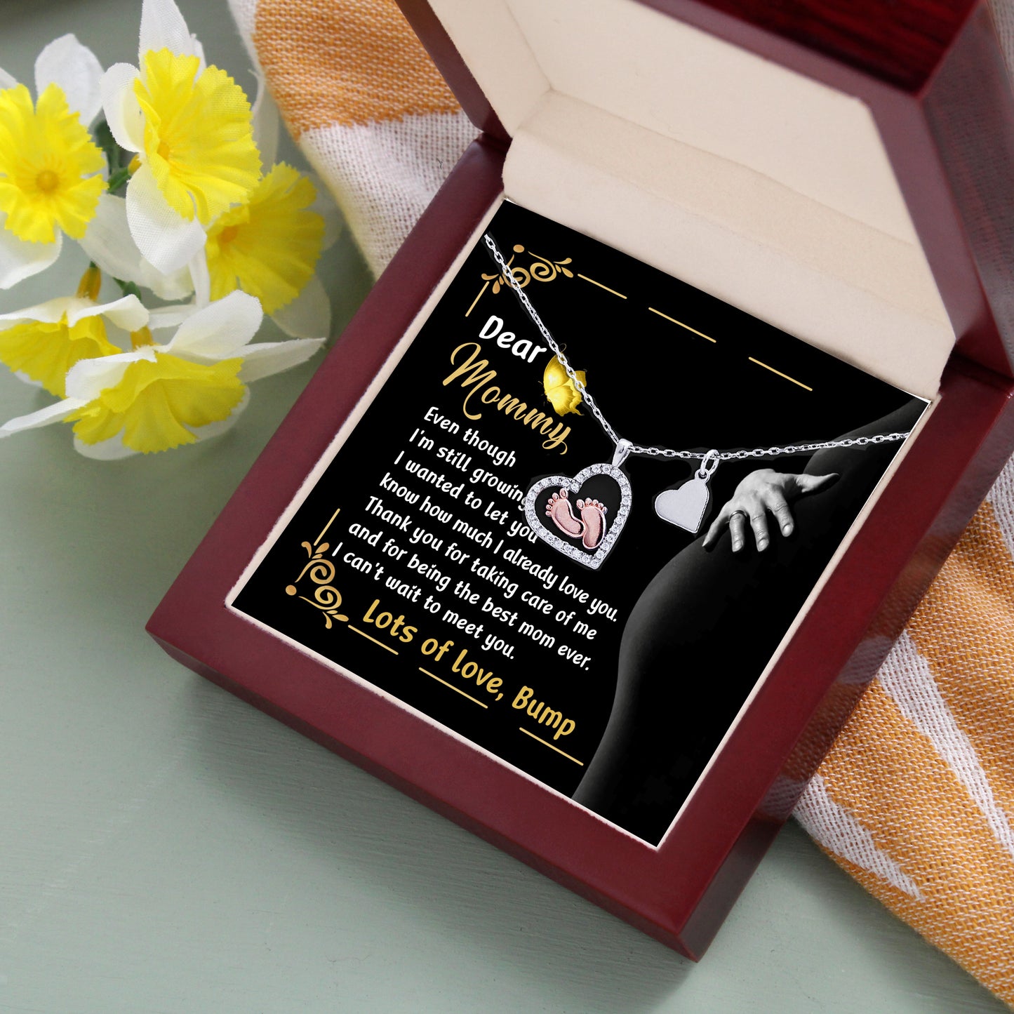 Pregnancy Gift Silver Baby Feet Pendant Necklace Dear Mommy, Lots Of Love, Bump - Mallard Moon Gift Shop