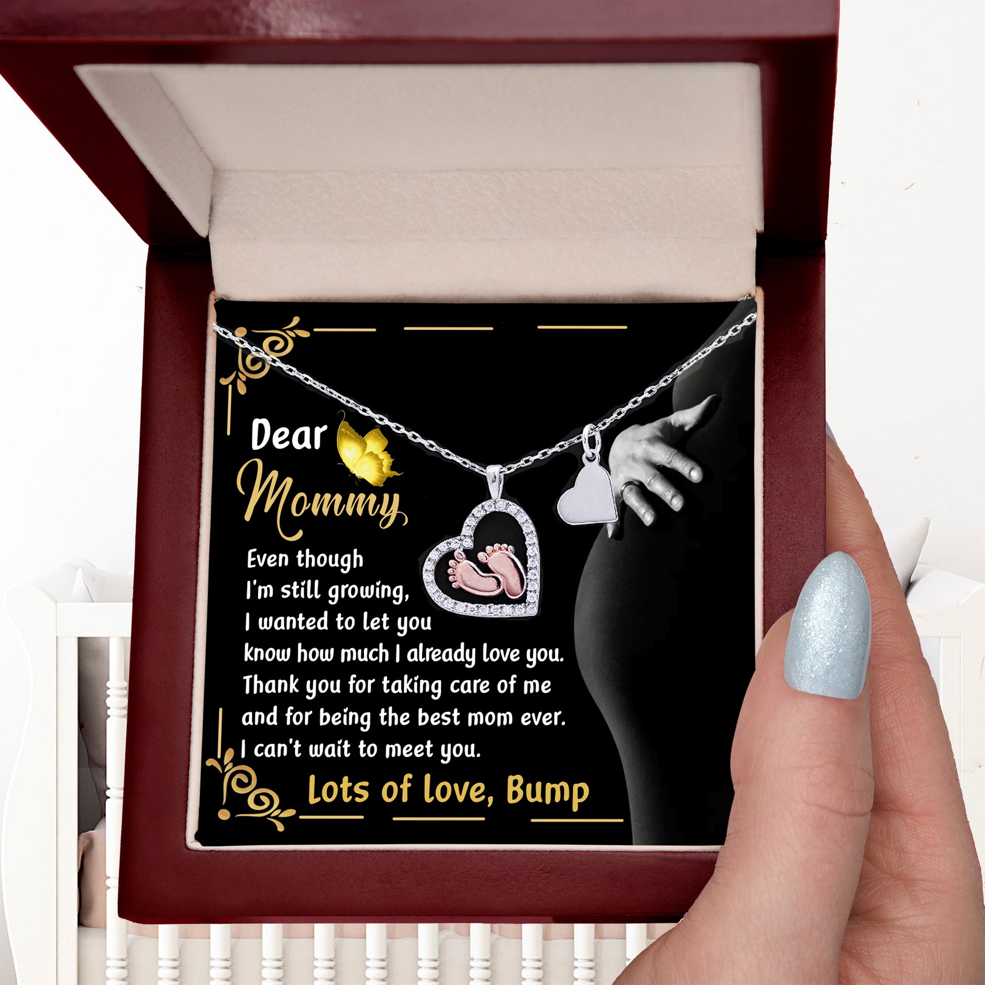 Pregnancy Gift Silver Baby Feet Pendant Necklace Dear Mommy, Lots Of Love, Bump - Mallard Moon Gift Shop