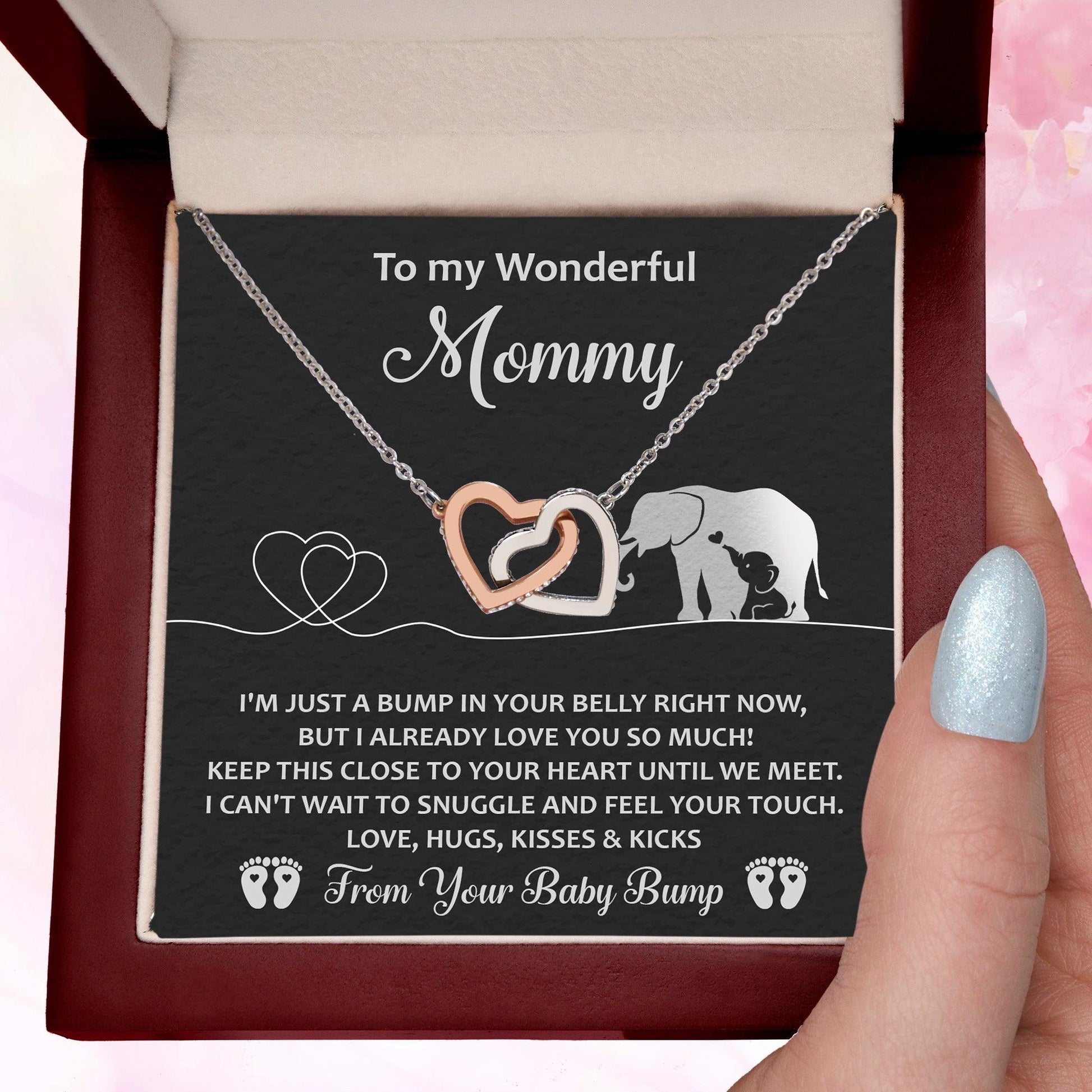 Gift for the Expectant Mom Love, Kisses and Kicks from the Baby Bump Until We Meet Interlocking Hearts Necklace - Mallard Moon Gift Shop