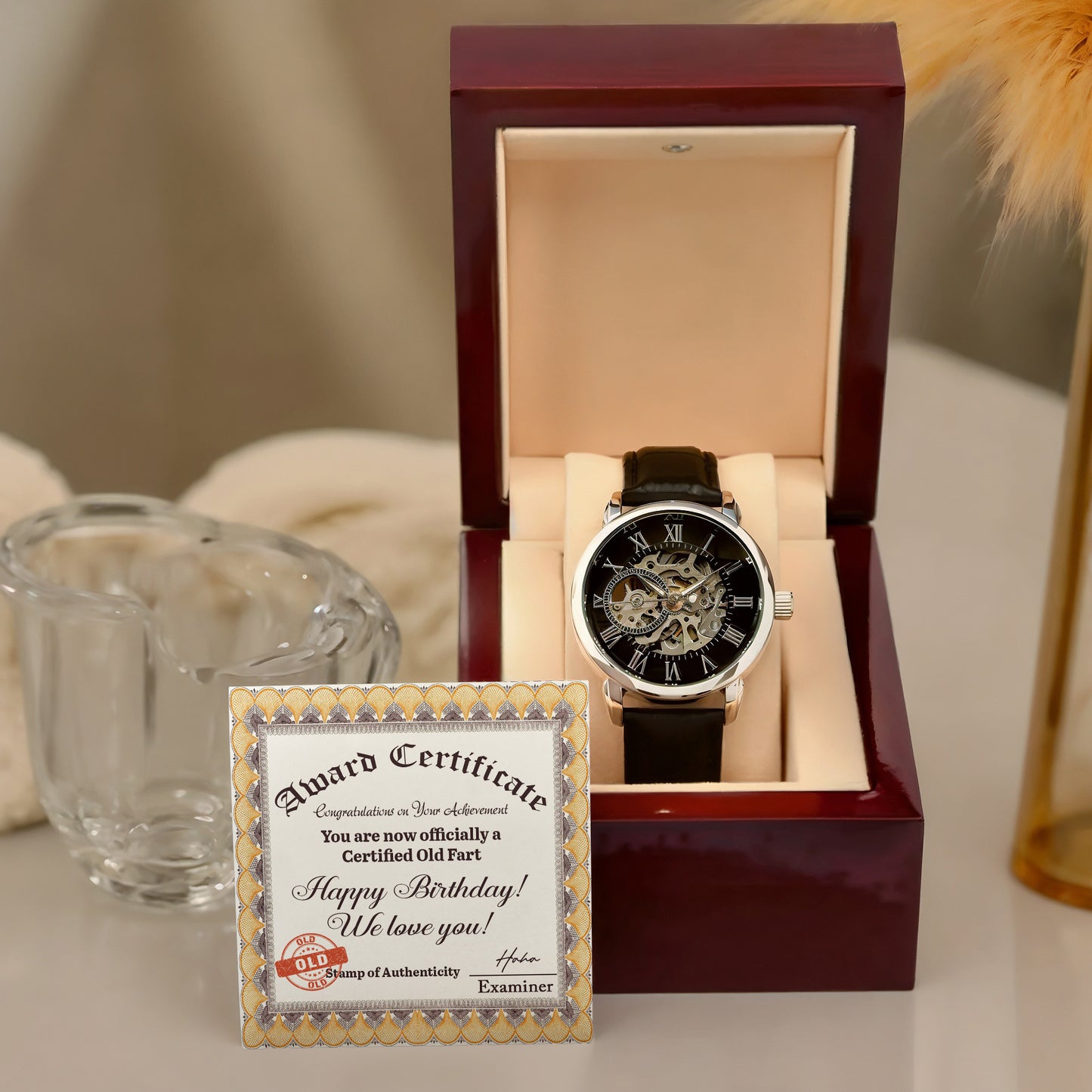 Certified Old Fart Birthday Watch – Men's Openwork Watch with Leather Band | Gag Gift for Dad, Grandpa, Husband or Friend - Mallard Moon Gift Shop