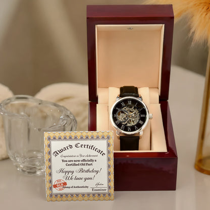 Certified Old Fart Birthday Watch – Men's Openwork Watch with Leather Band | Gag Gift for Dad, Grandpa, Husband or Friend - Mallard Moon Gift Shop