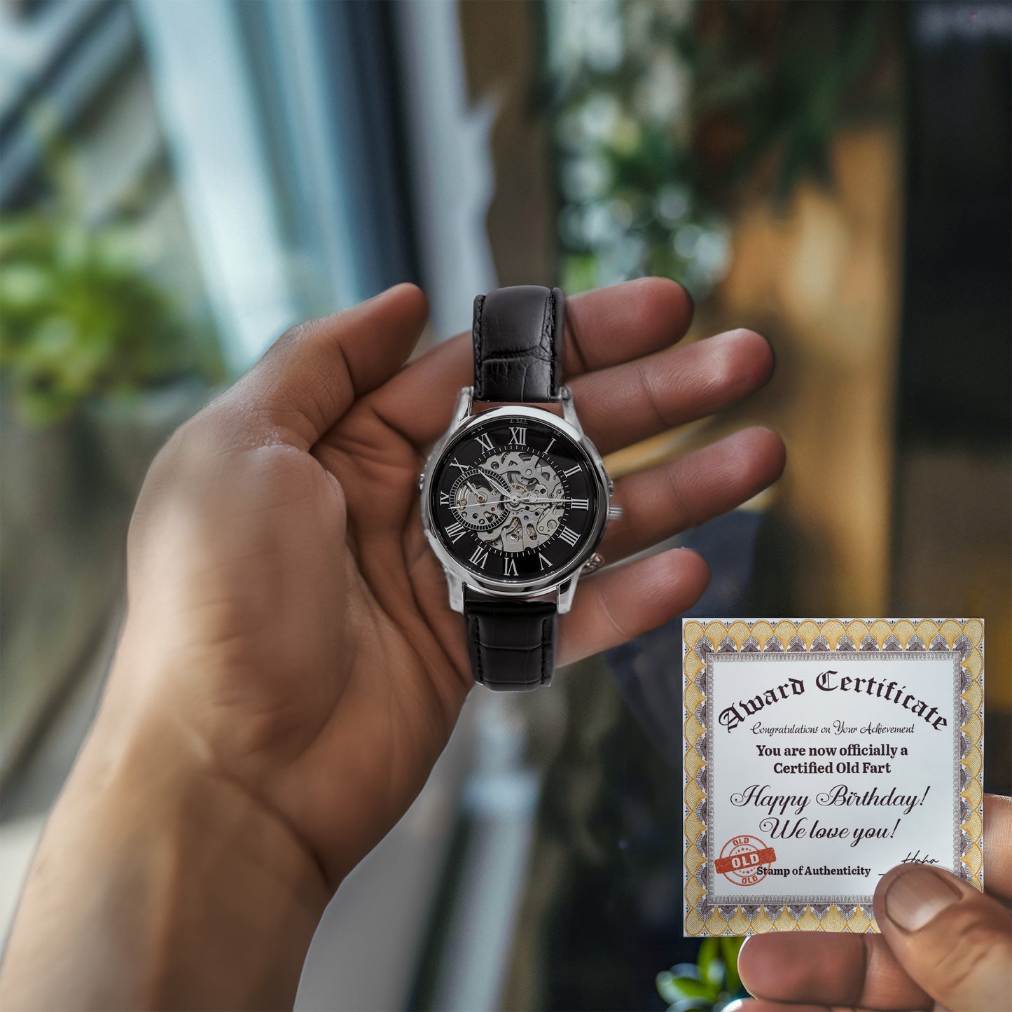 Certified Old Fart Birthday Watch – Men's Openwork Watch with Leather Band | Gag Gift for Dad, Grandpa, Husband or Friend - Mallard Moon Gift Shop