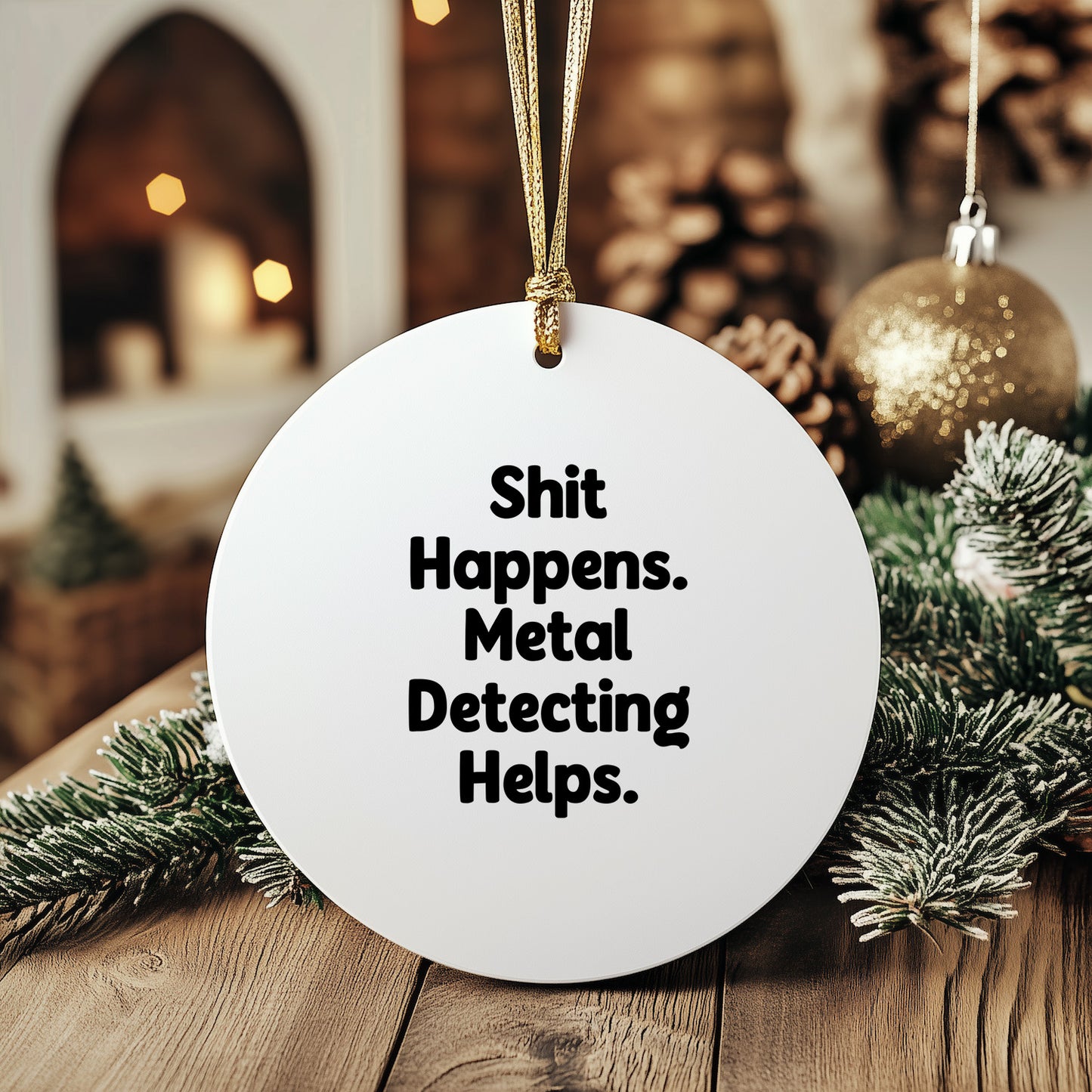 Metal Detecting Fun Gifts from Friends for Him - 'Shit Happens' Circle Ornament, Christmas Unique Presents
