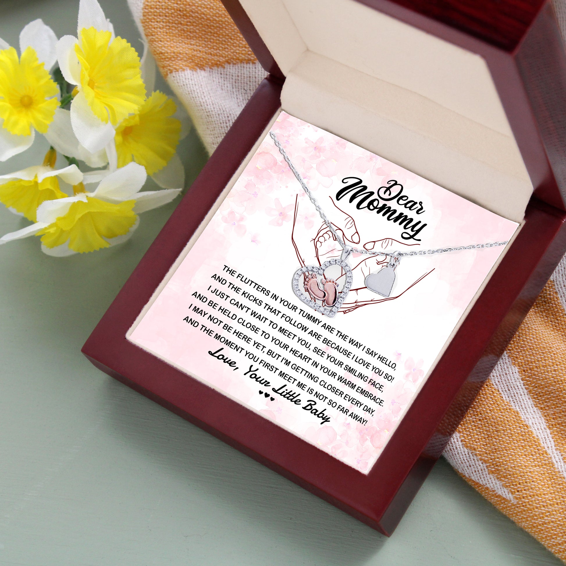 Dear Mommy I Can't Wait to Meet You Pregnancy Gift Baby Feet Pendant Necklace - Mallard Moon Gift Shop