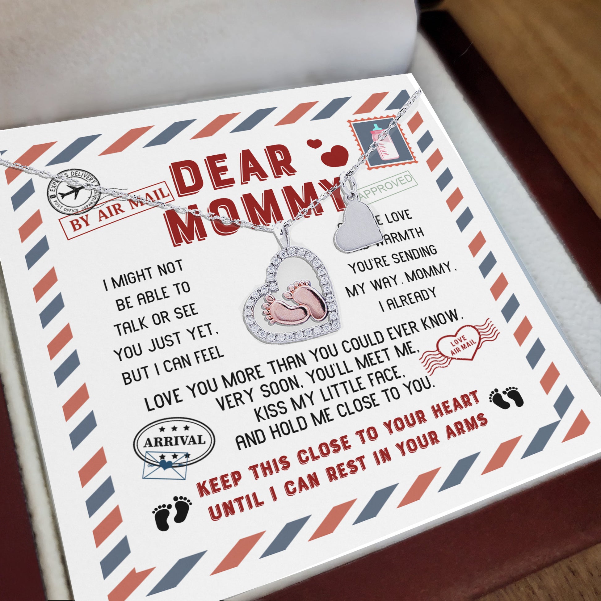 Dear Mommy Keep this Baby Feet Necklace Close to Your Heart Until I Cat Rest In Your Arms - Mallard Moon Gift Shop