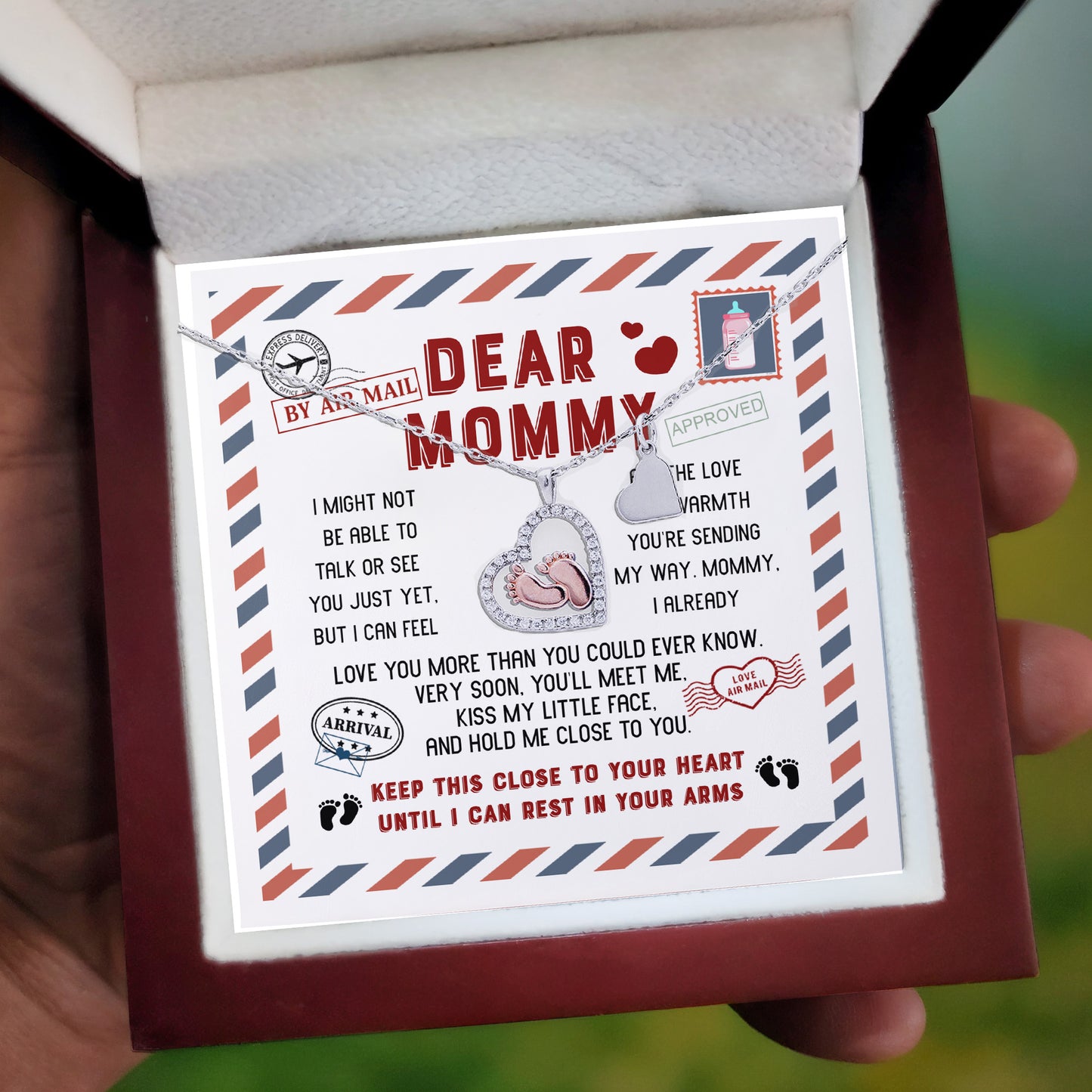 Dear Mommy Keep this Baby Feet Necklace Close to Your Heart Until I Cat Rest In Your Arms - Mallard Moon Gift Shop