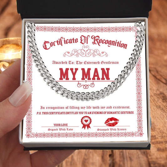 Romantic Cuban Link Chain Necklace for Soulmate, Boyfriend, or Husband – Sentimental "My Man" Gift Card - Mallard Moon Gift Shop