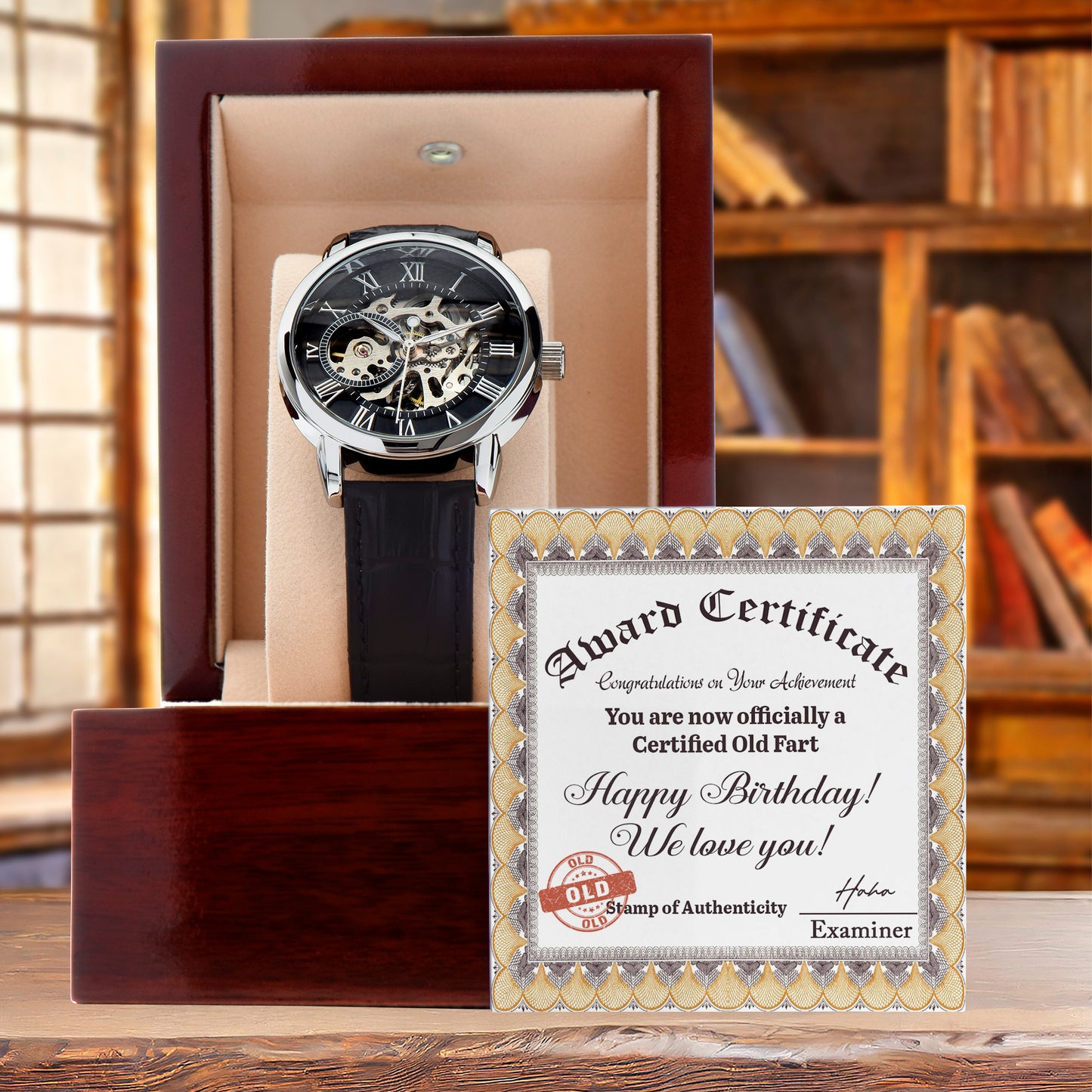 Certified Old Fart Birthday Watch – Men's Openwork Watch with Leather Band | Gag Gift for Dad, Grandpa, Husband or Friend - Mallard Moon Gift Shop