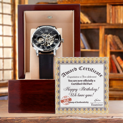 Certified Old Fart Birthday Watch – Men's Openwork Watch with Leather Band | Gag Gift for Dad, Grandpa, Husband or Friend - Mallard Moon Gift Shop