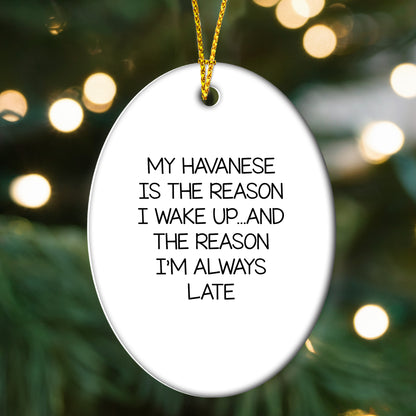 My Havanese Is The Reason I Wake Up... and The Reason I'm Always Late | Oval MDF Ornament with Gloss Finish & Gold Cord