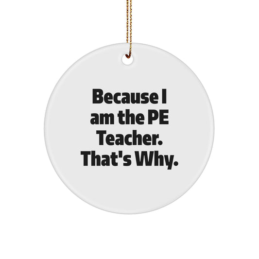 PE Teacher Gifts, Funny Circle Ornament, Because I Am The Pe Teacher. That's Why., Christmas Unique Gifts from Family to PE Teacher