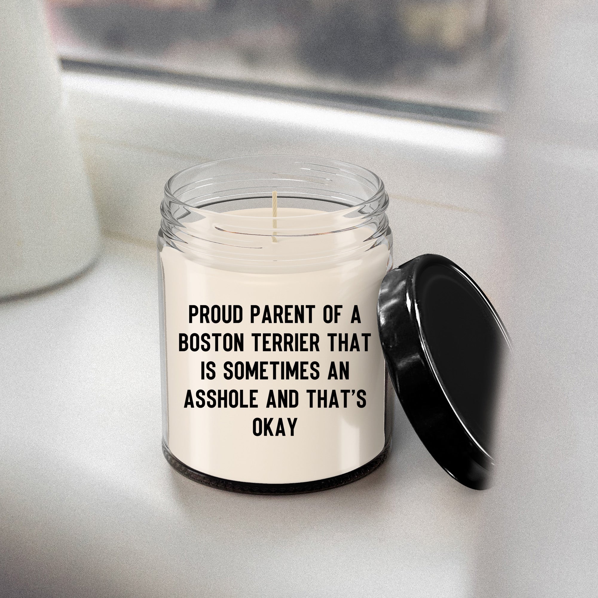 Funny Boston Terrier Candle – “Proud Parent of a Boston Terrier That Is Sometimes an A**hole and That’s Okay” – Sarcastic Dog Lover Gift for Pet Moms & Dads – 100% Soy Wax, 9 oz - Mallard Moon Gift Shop