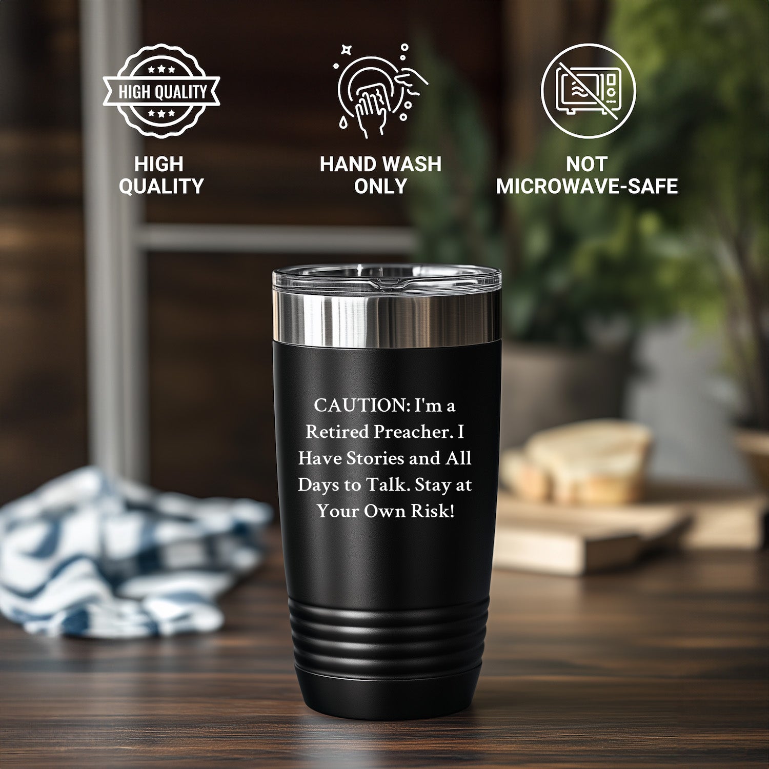 Funny Preacher Gifts from Men, Unique Mother's Day Presents for Her, 'Caution: I'm A Retired Preacher' Tumbler, 20oz or 30oz Capacity, Stainless Steel/Powder Coating - Mallard Moon Gift Shop