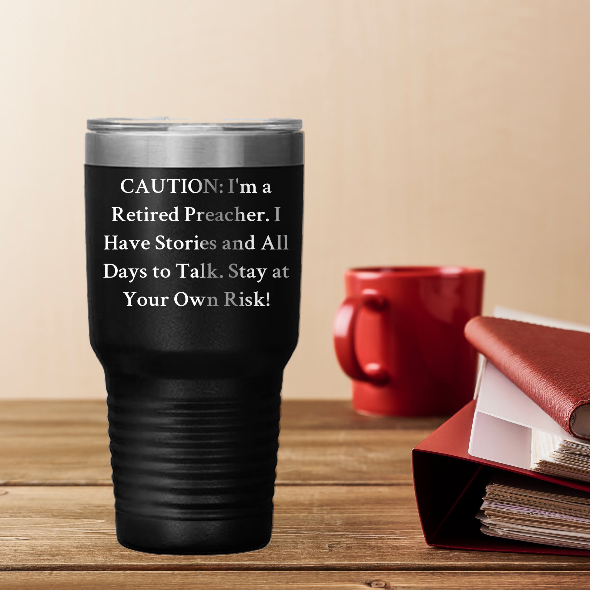 Funny Preacher Gifts from Men, Unique Mother's Day Presents for Her, 'Caution: I'm A Retired Preacher' Tumbler, 20oz or 30oz Capacity, Stainless Steel/Powder Coating - Mallard Moon Gift Shop