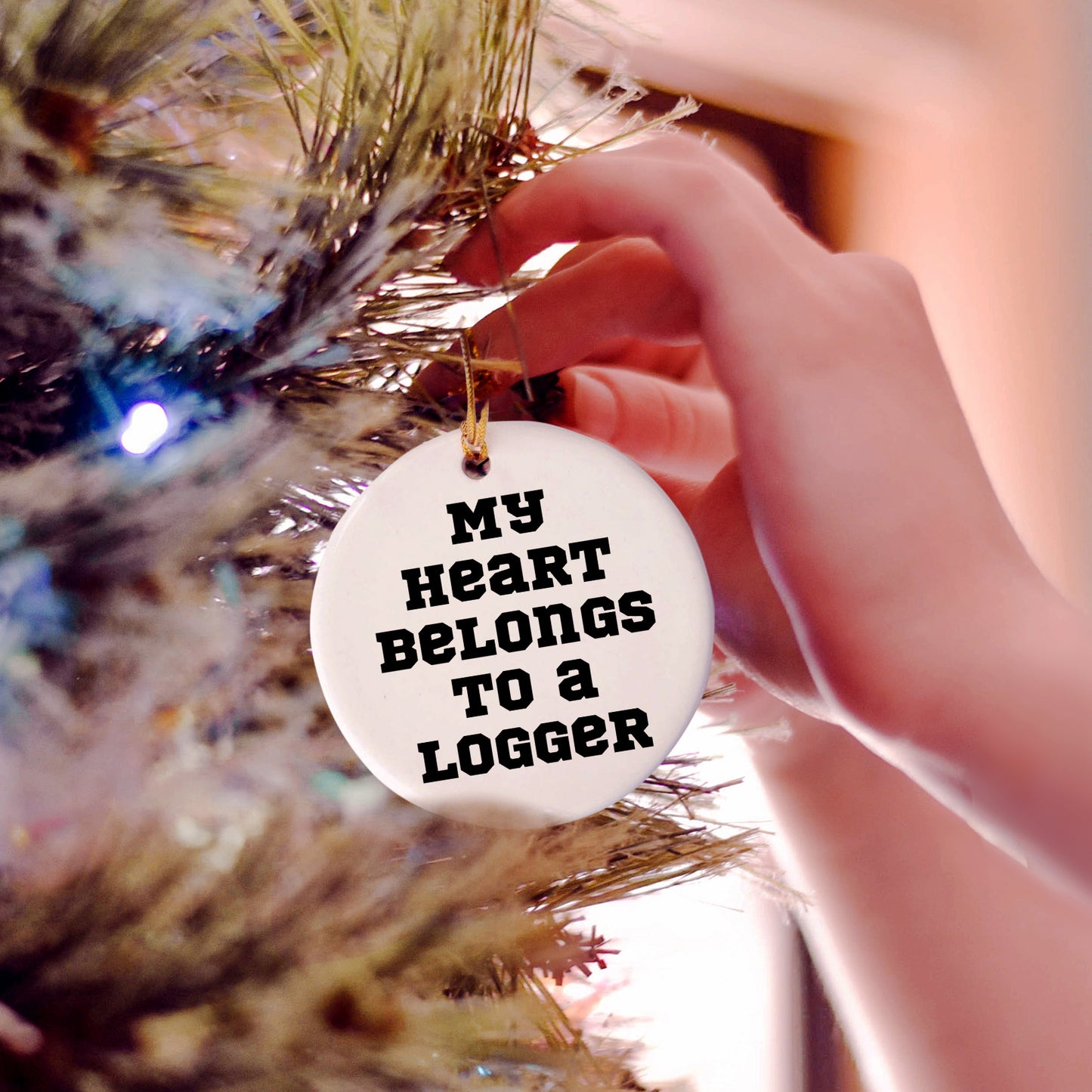 Funny Logger Gifts, 'My Heart Belongs To A Logger' Circle Ornament, Gifts from Men to Logger Friends at Christmas