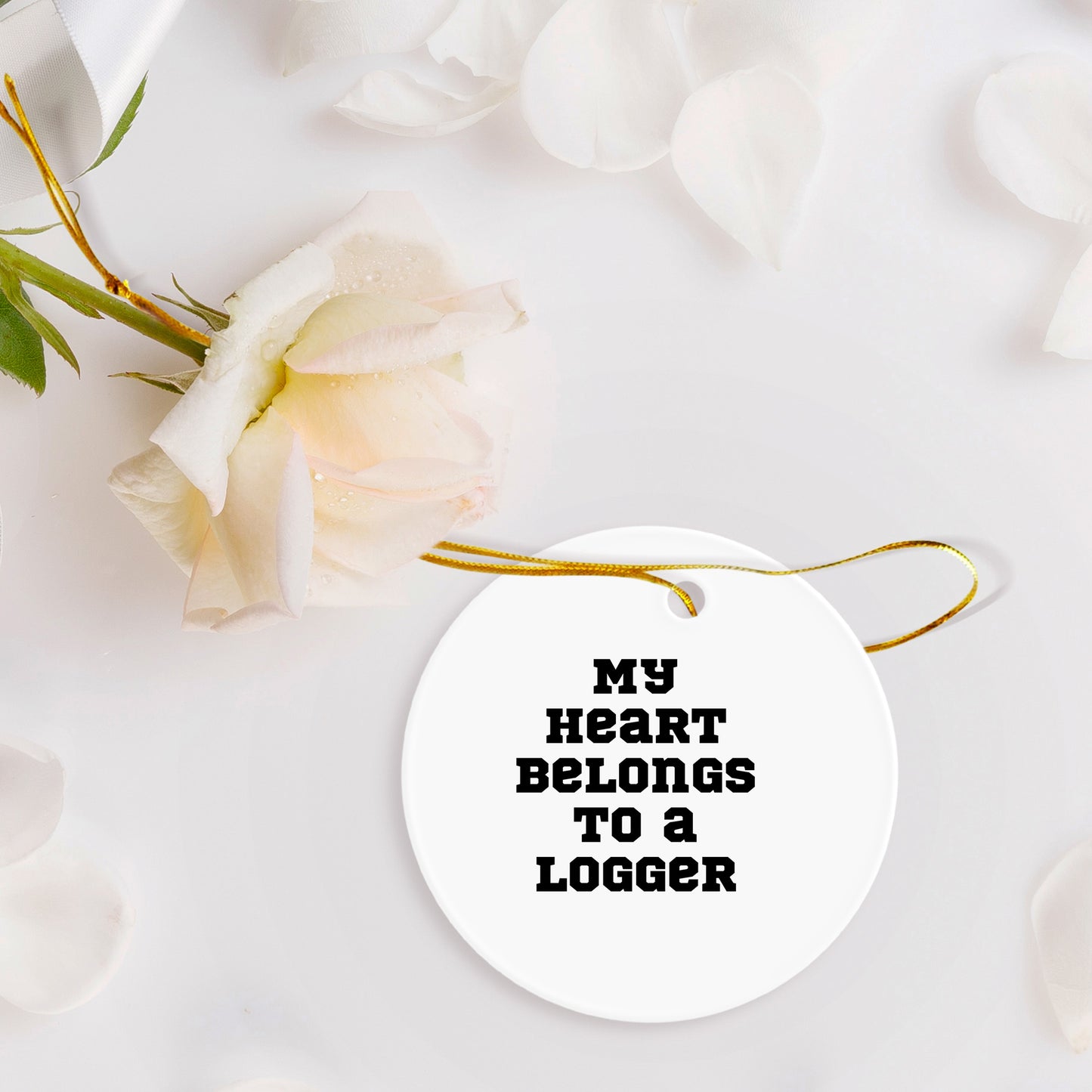 Funny Logger Gifts, 'My Heart Belongs To A Logger' Circle Ornament, Gifts from Men to Logger Friends at Christmas