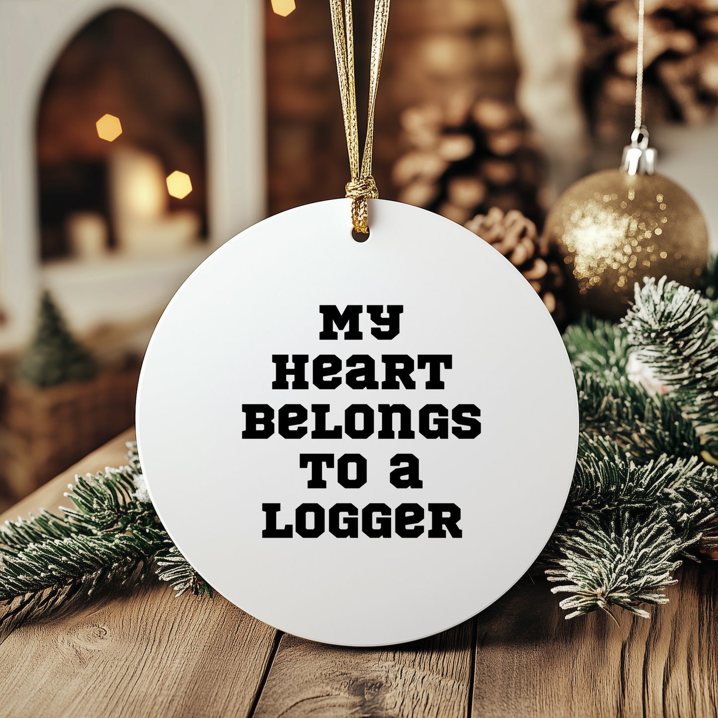Funny Logger Gifts, 'My Heart Belongs To A Logger' Circle Ornament, Gifts from Men to Logger Friends at Christmas