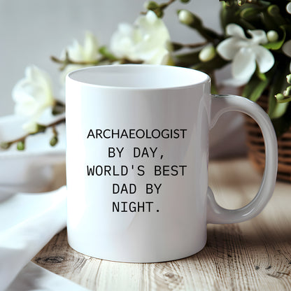Archaeologist Gifts for Him, Funny White Coffee Mug, Graduation Unique Gifts from Dad, 'Archaeologist By Day, World's Best Dad By Night.' - Mallard Moon Gift Shop