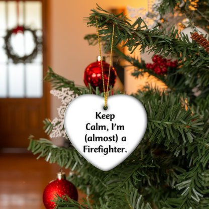Funny Firefighter Gifts from Friends, Heart Ornament for Christmas Unique Gifts, Inspirational 'Keep Calm, I'm (almost) A Firefighter' Quote for Firefighter Men