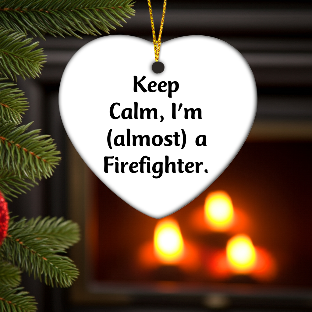 Funny Firefighter Gifts from Friends, Heart Ornament for Christmas Unique Gifts, Inspirational 'Keep Calm, I'm (almost) A Firefighter' Quote for Firefighter Men