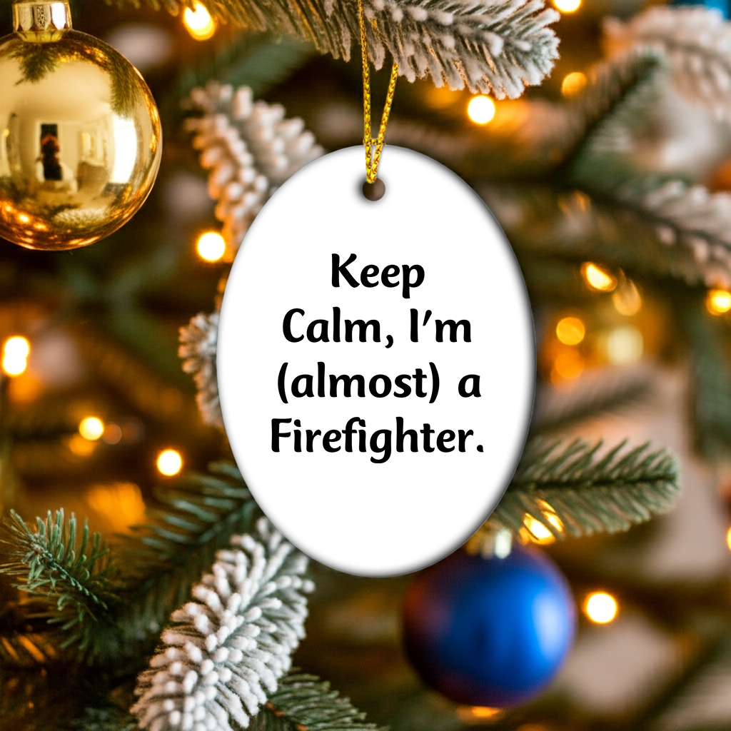 Funny Firefighter Gifts from Friends, Unique Oval Ornament for Men, Christmas Unique Gifts, Keep Calm I'm almost A Firefighter