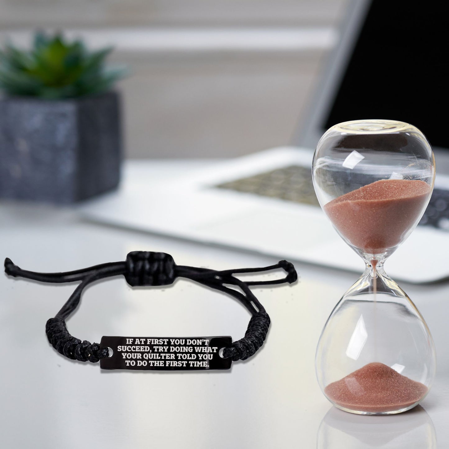 Quilter’s Reminder Bracelet – If at First You Don’t Succeed Quote Handmade Engraved Braided Rope Wristband - Mallard Moon Gift Shop